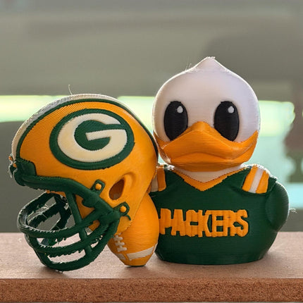Green Bay Football Duck with Helmet – 3D Printed Sports Fan Duck, Car Dashboard Decor, Football Lover Gift, Fan Inspired Collectible